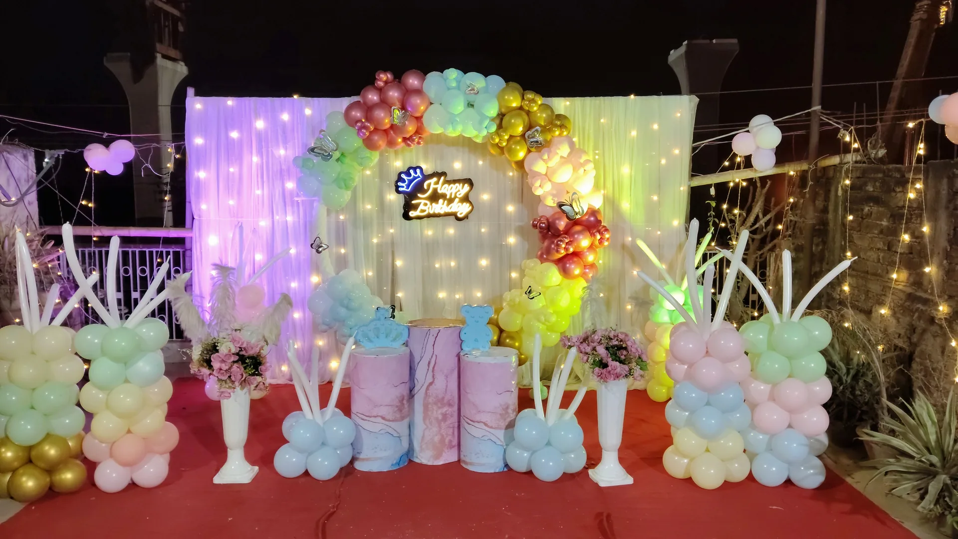 Rainbow pastel outdoor balloon arch decoration