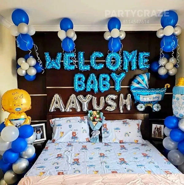 Blue and silver welcome baby room decoration setup